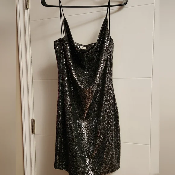 Garage Silver Sequin Mini Dress Cowl Neck Sleeveless - Picture 1 of 2